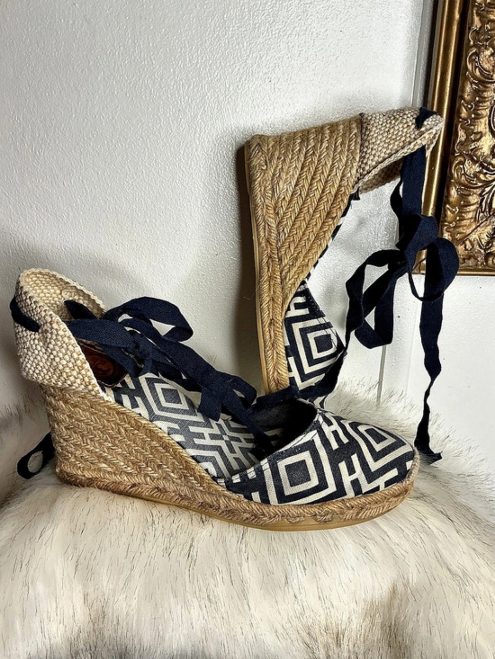 Tory Burch Ines Wedge Espadrille Geometric Espadrille Wedges in Blue & Cream EU